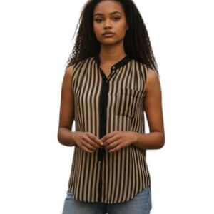 VANS STRIPE TAN & BLACK SLEEVELESS BLOUSE SZ.M EUC.